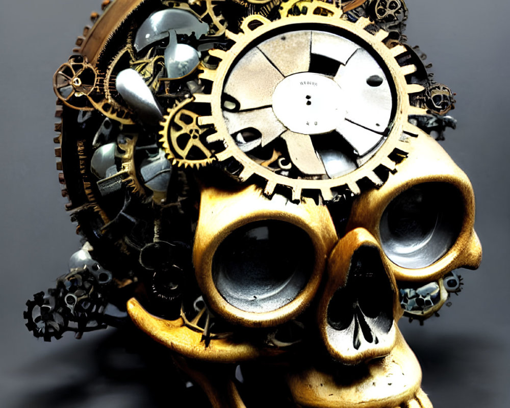 Brass-colored skull with exposed brain area replaced by mechanical gears and cogs