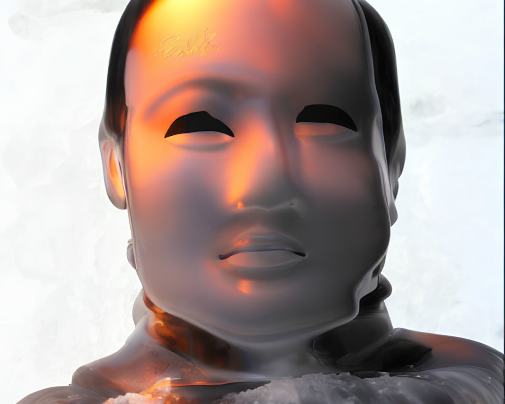 Translucent human head sculpture on icy background with warm amber glow