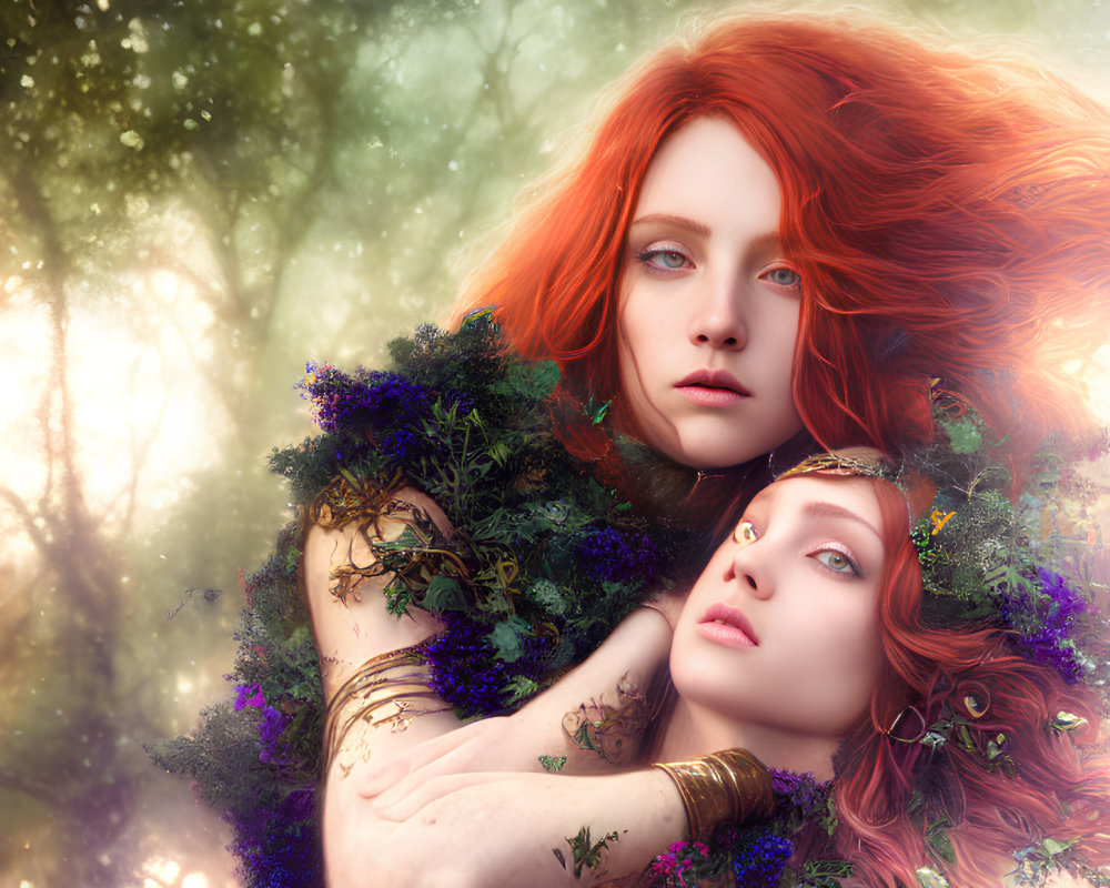 Ethereal women with red hair in enchanted forest scene