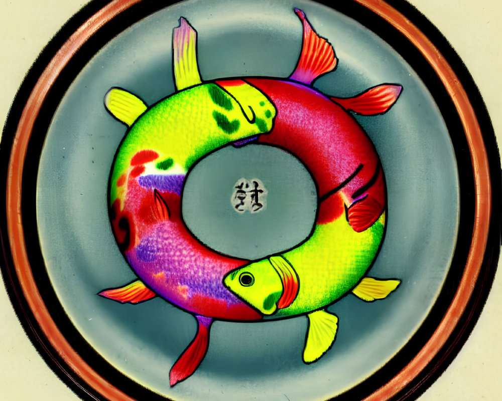 Vibrant koi fish lifebuoy illustration with oriental characters on beige background