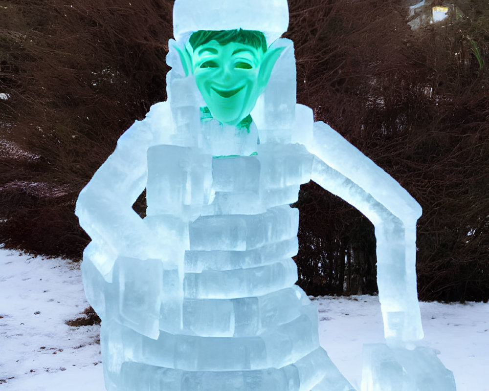 Detailed Ice Sculpture Depicting Smiling Figure on Tiered Base