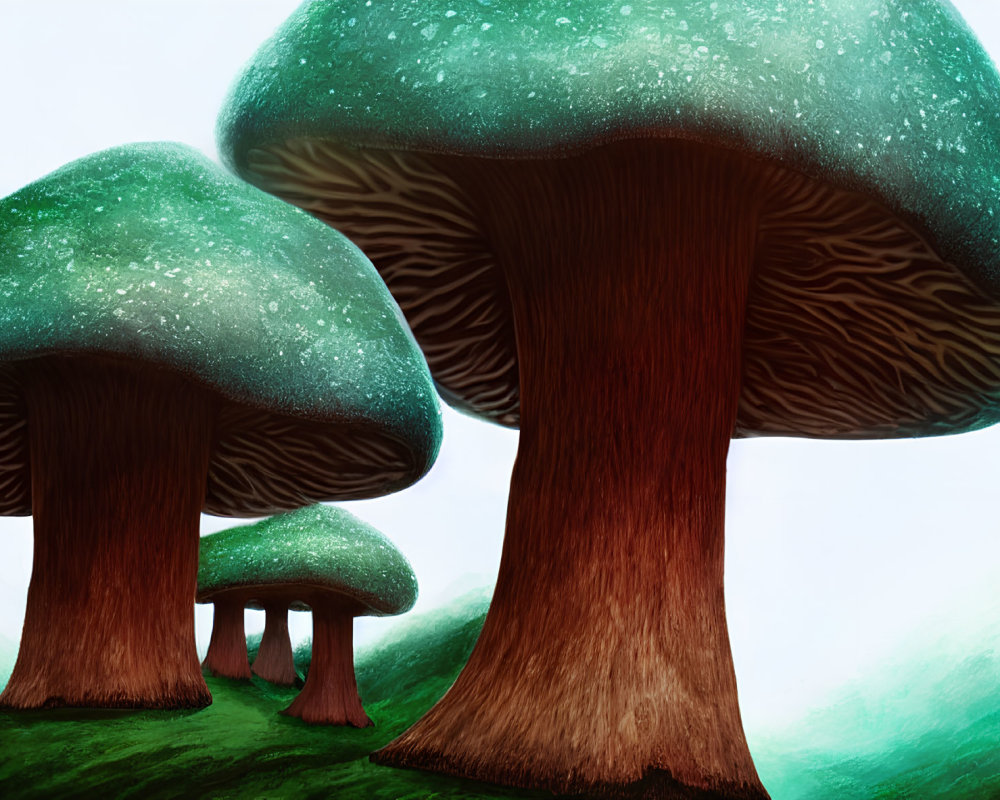 Fantasy illustration of oversized mushrooms in foggy setting