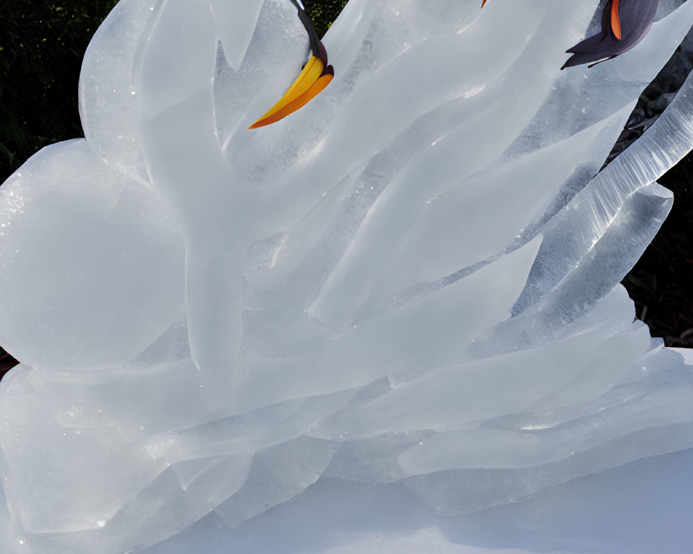 Detailed ice sculpture with swirling forms and bird beak-like elements