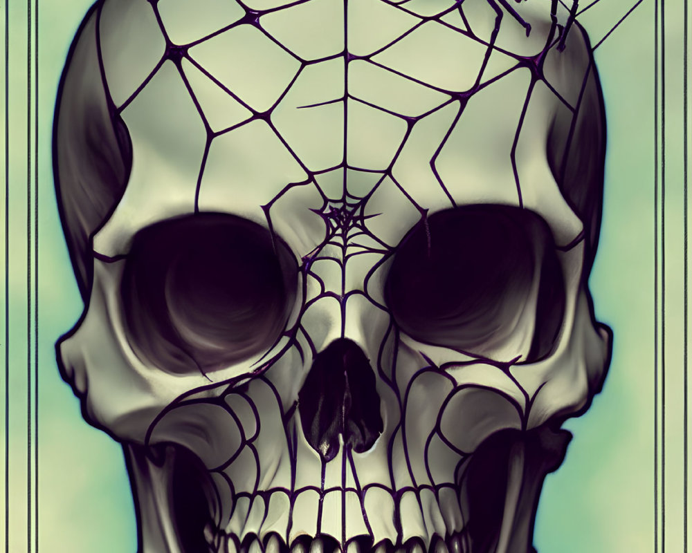 Human skull illustration with spider and web on forehead, against muted backdrop