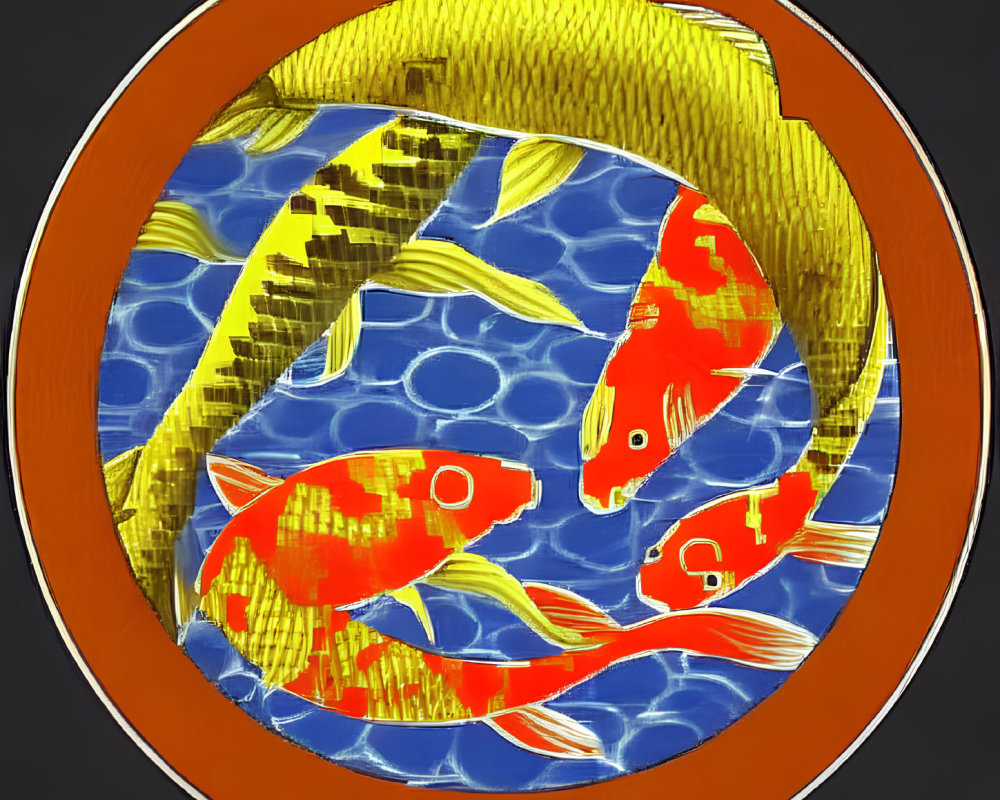 Koi fish yin-yang symbol in circular frame on water background