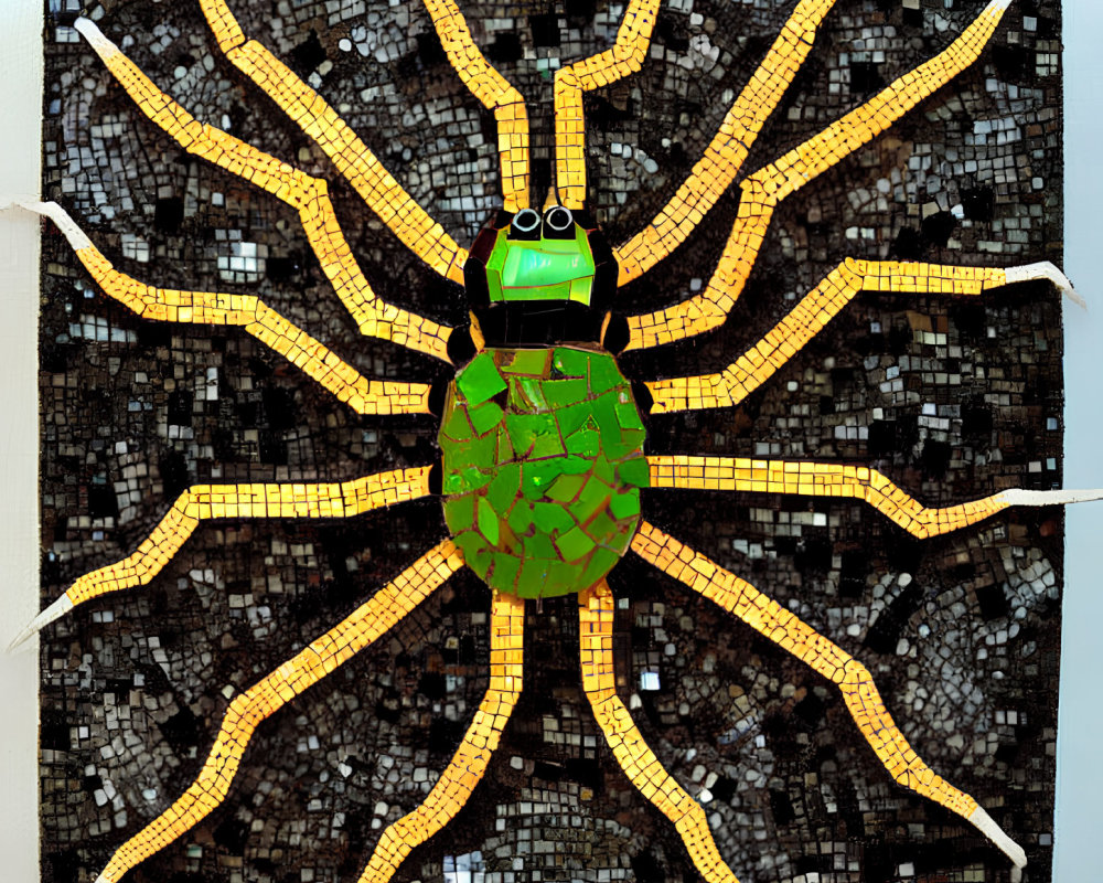 Green and Gold Spider Mosaic on Textured Brown Background