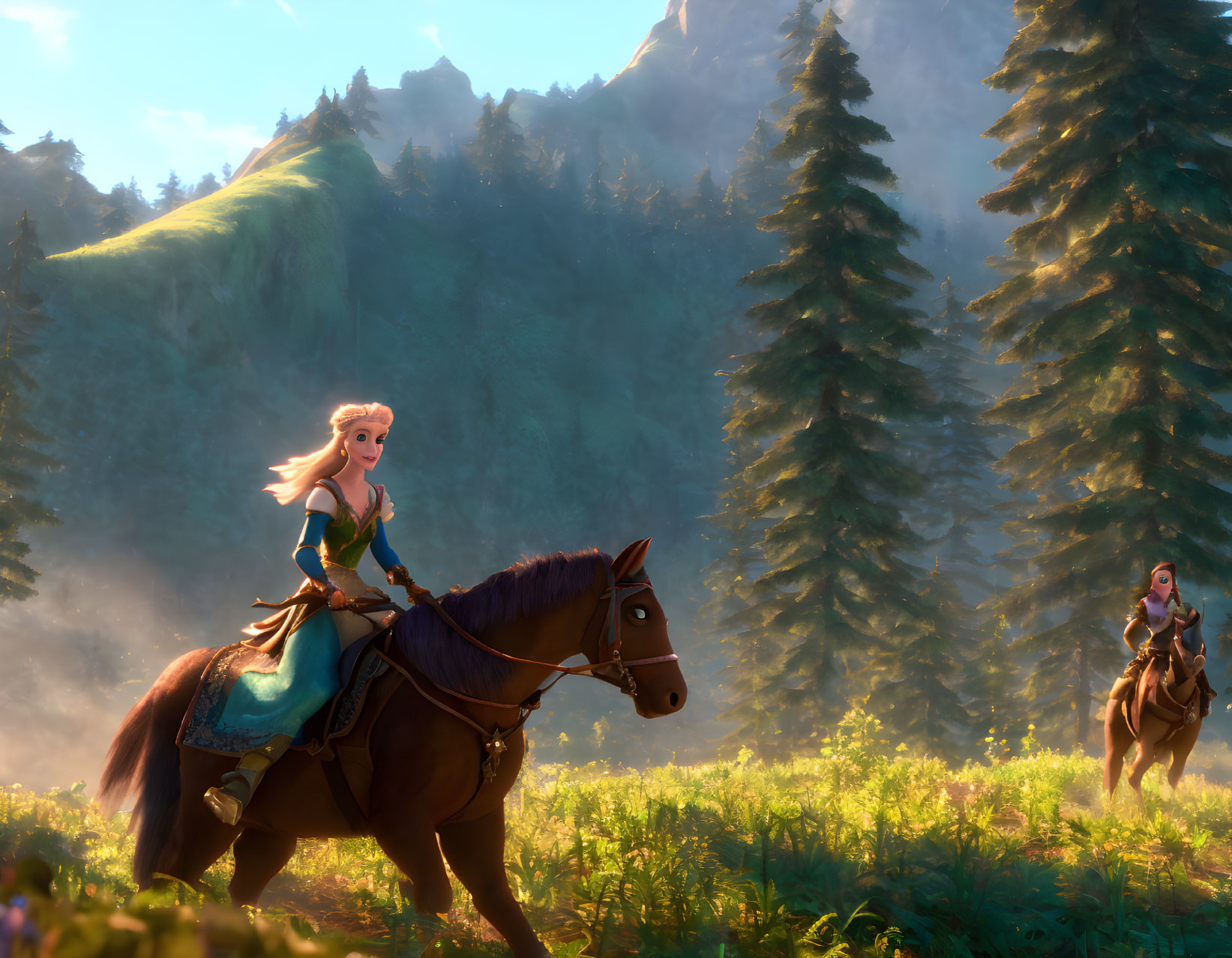 Animated female characters riding horses in sunlit forest clearing