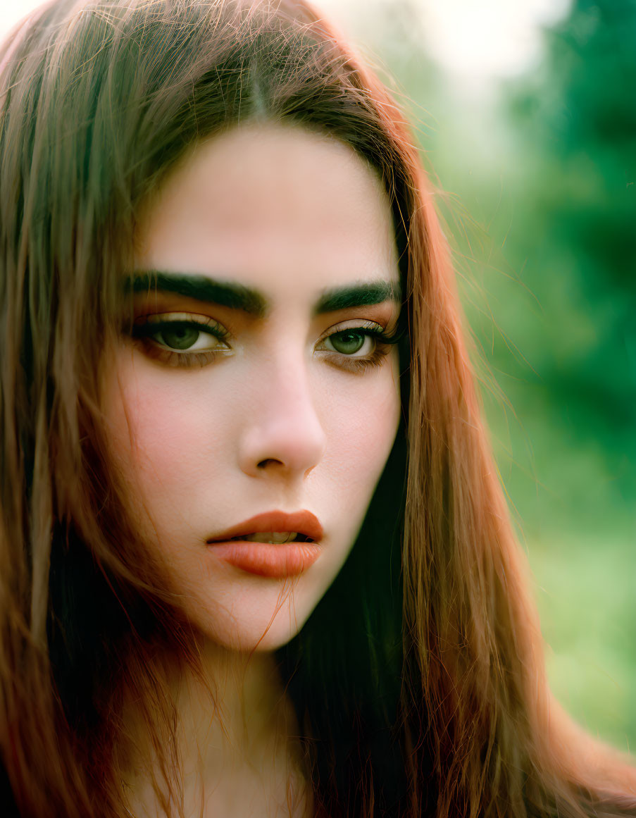 Woman with striking eye makeup on soft green backdrop.