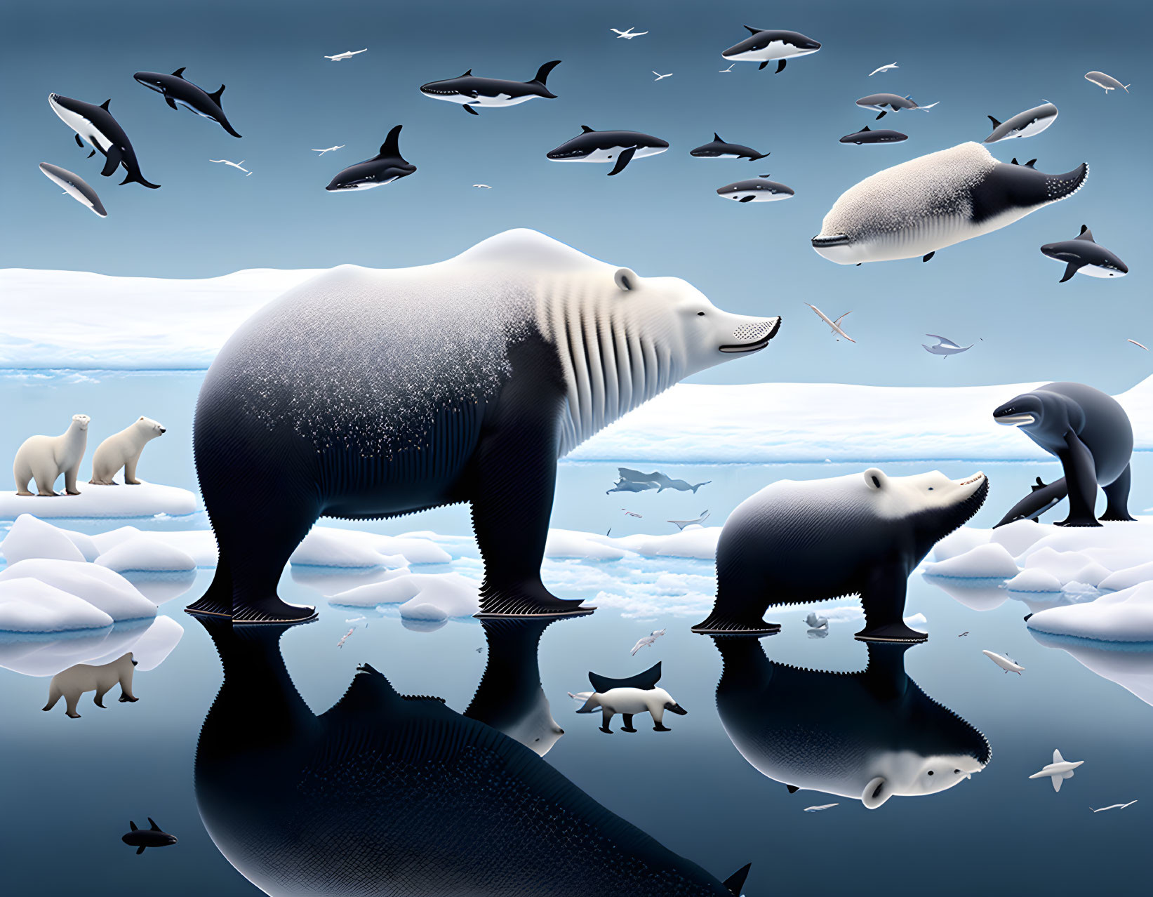 Polar bears and whales in surreal icy landscape