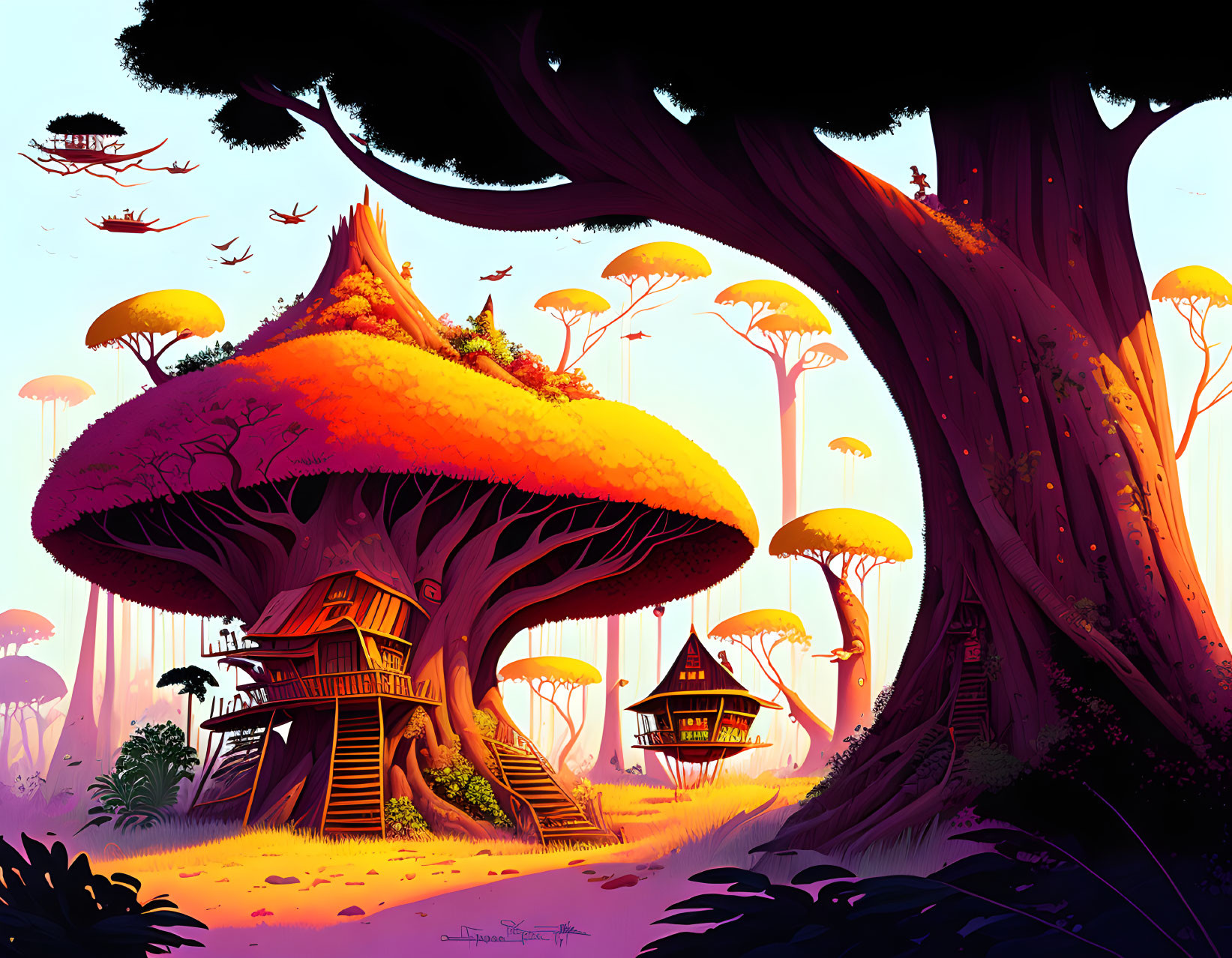 Vibrant oversized mushrooms in fantasy forest setting