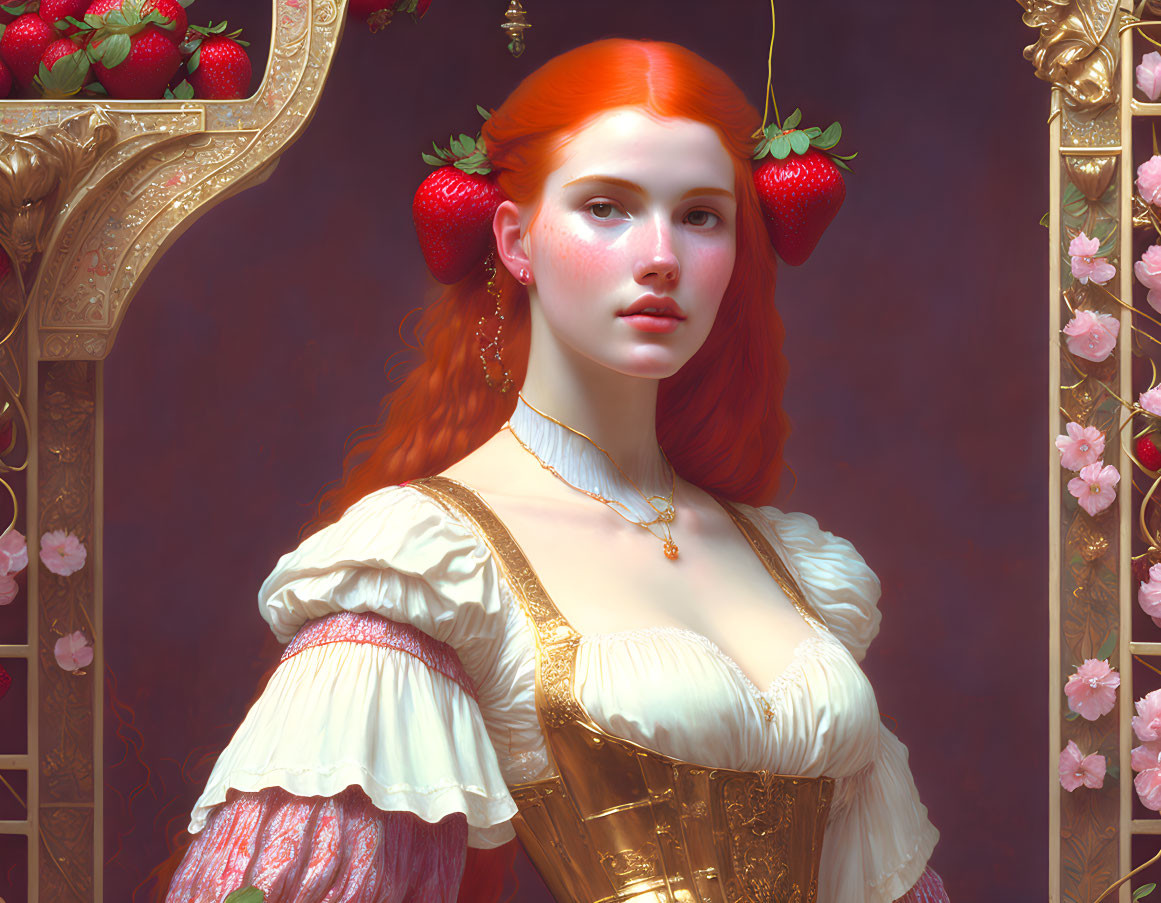 Digital artwork: Woman with red hair, strawberries, Renaissance dress.