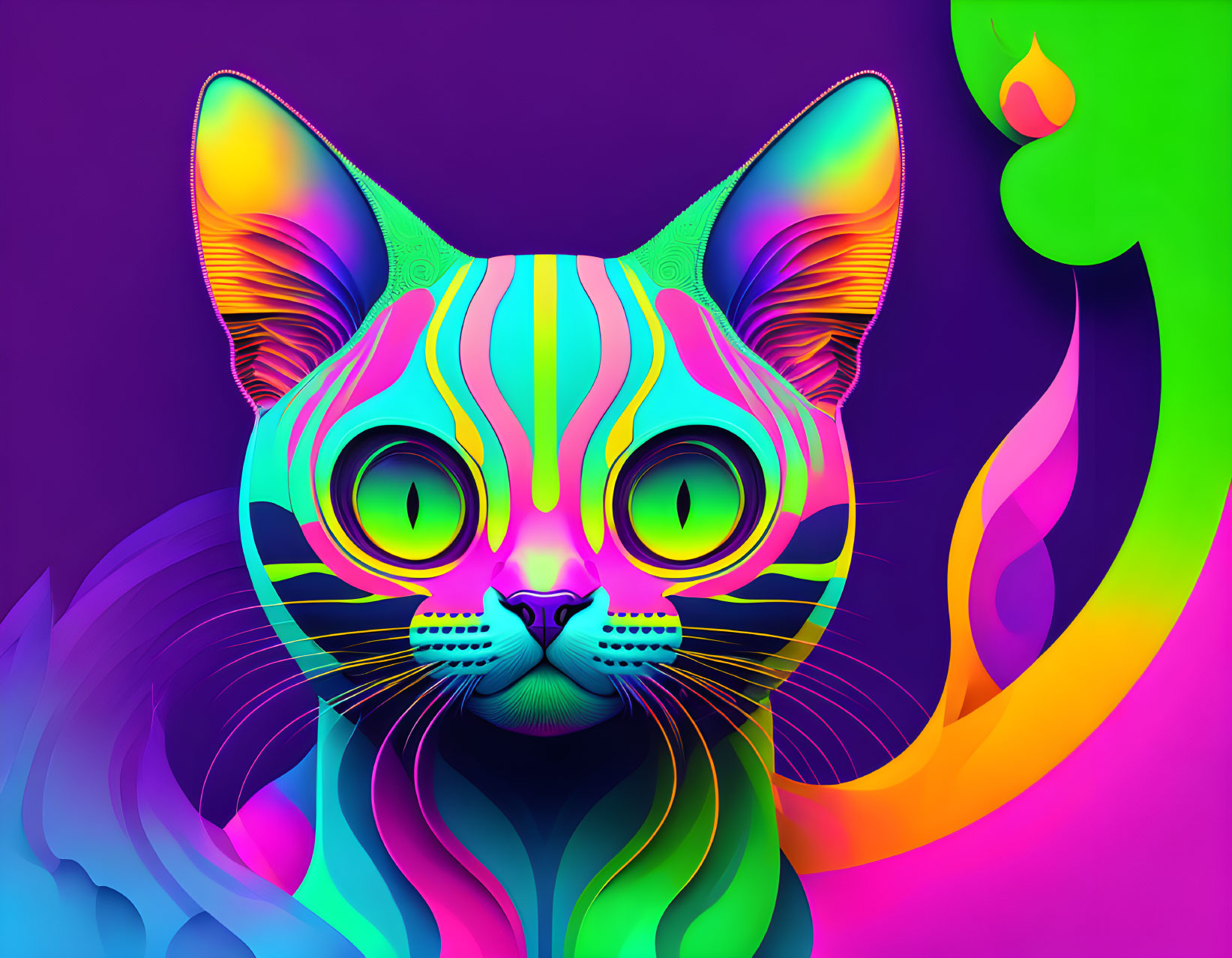 Colorful digital artwork: Multicolored cat with intricate patterns on face on purple & neon background