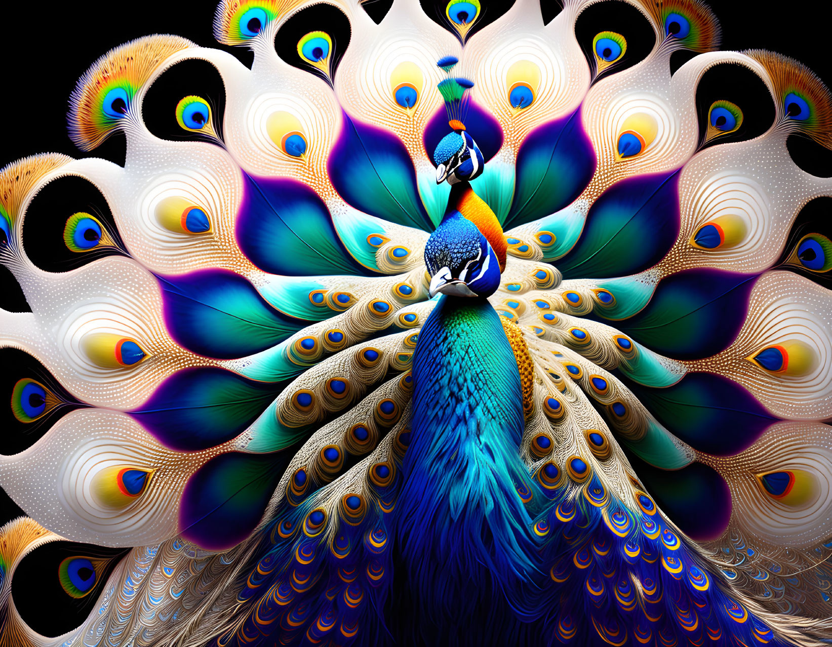 Colorful digital artwork: Two peacocks displaying vibrant feathers