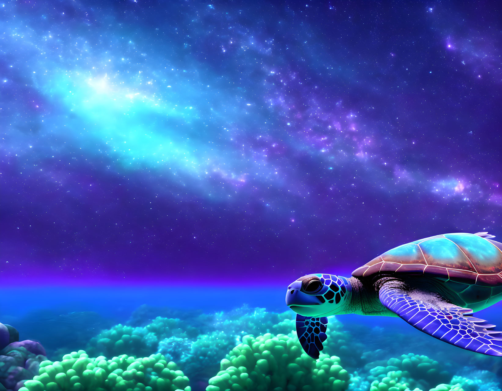 Sea turtle swimming near coral under starry night sky in vibrant blue and purple.