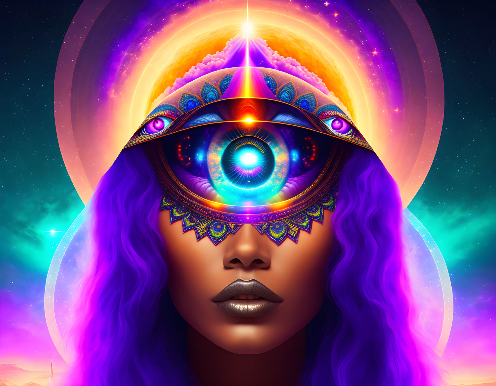 Colorful digital artwork: Woman with purple hair and third eye in cosmic setting
