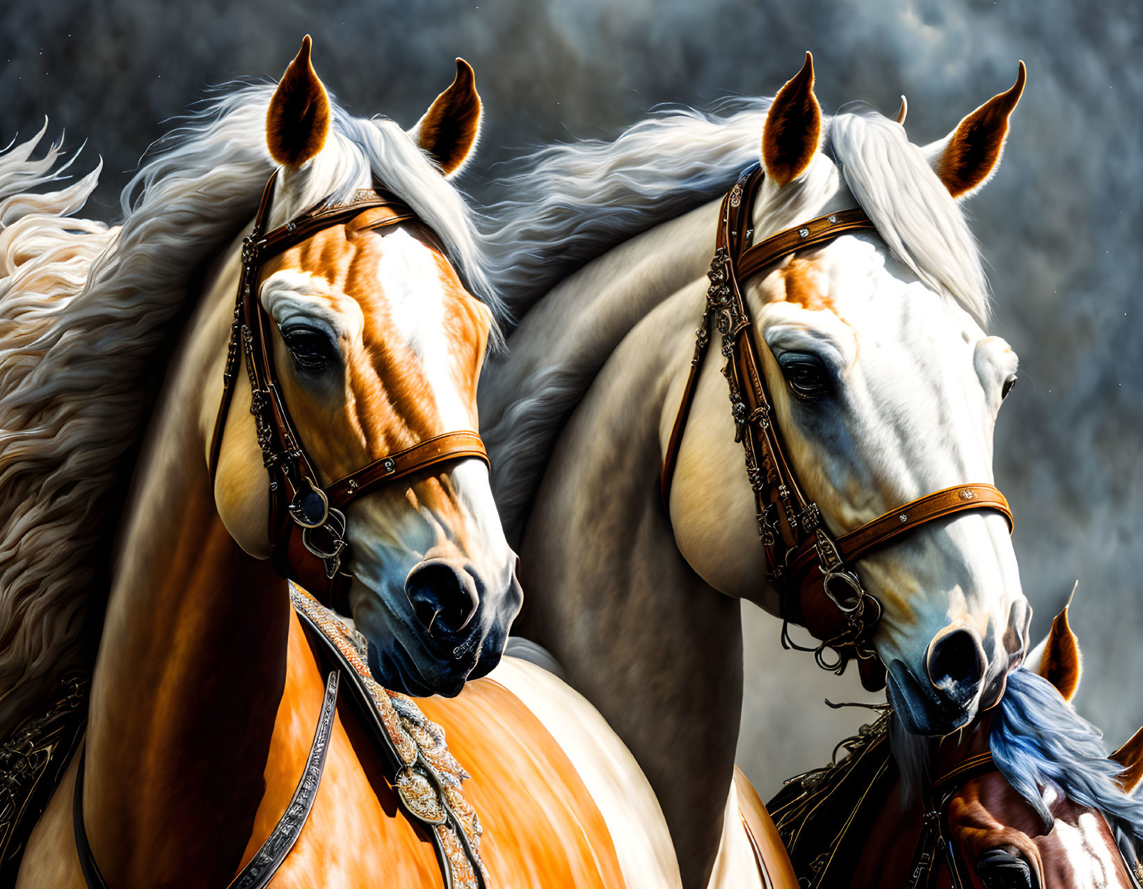 Majestic palomino horses with blonde manes in brown bridles, heads close together on