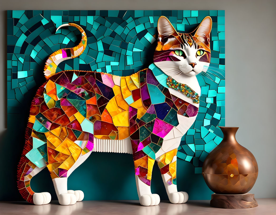 Colorful digital mosaic cat art on teal background with copper vase