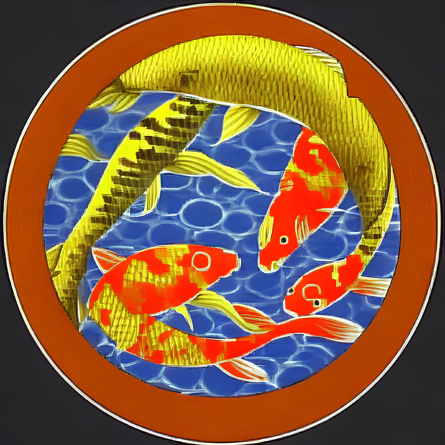 Koi fish yin-yang symbol in circular frame on water background