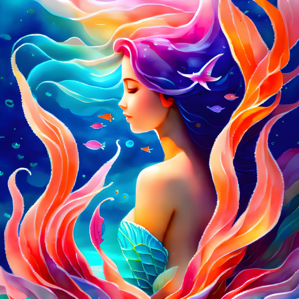 Colorful Mermaid Illustration with Flowing Hair and Marine Life