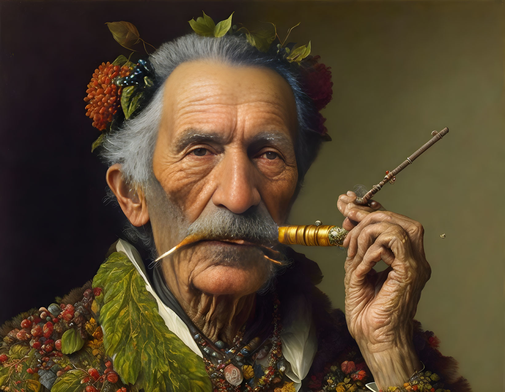 Elderly man portrait with tobacco pipe and berry wreath in green coat