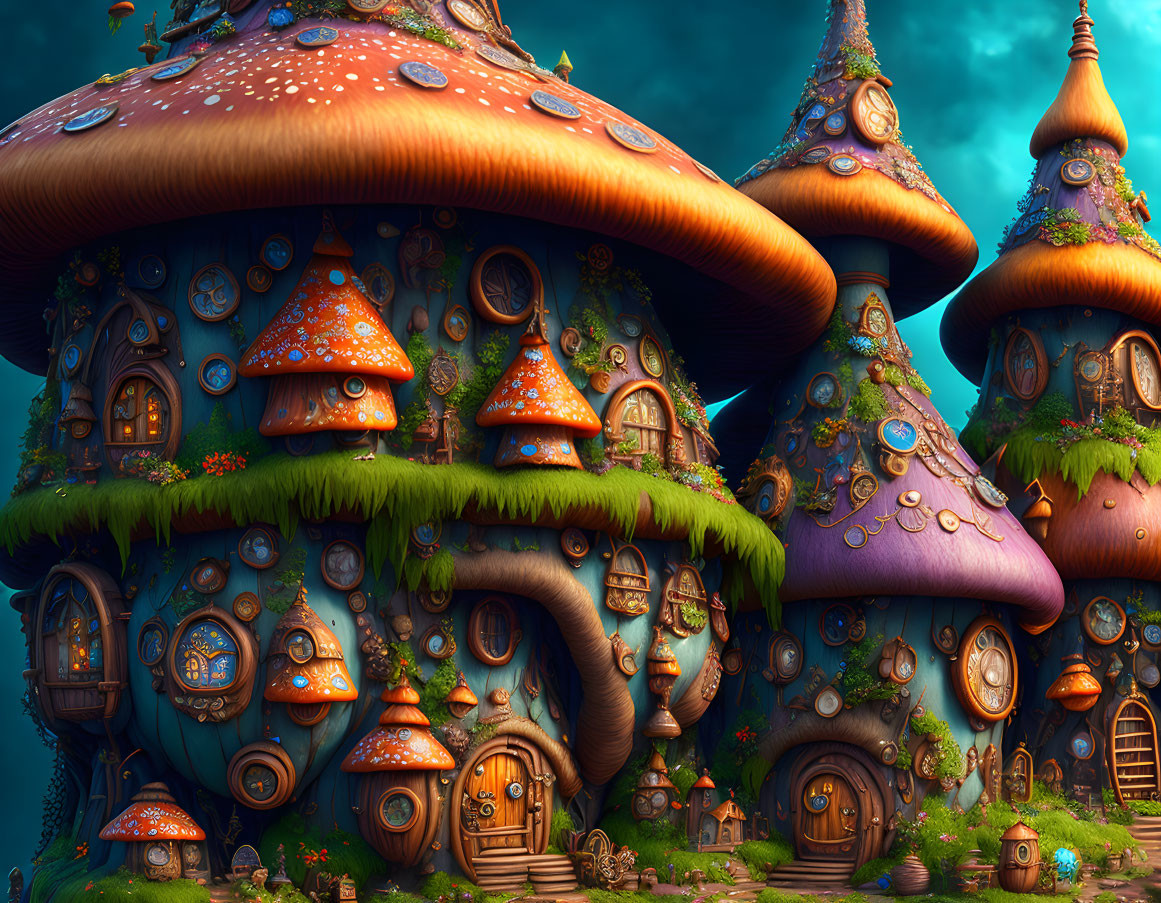 Vibrant Mushroom Houses in Fantasy Landscape