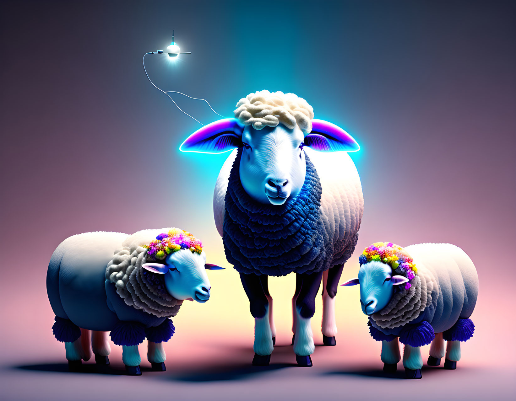 Stylized sheep with glowing blue accents under purple light