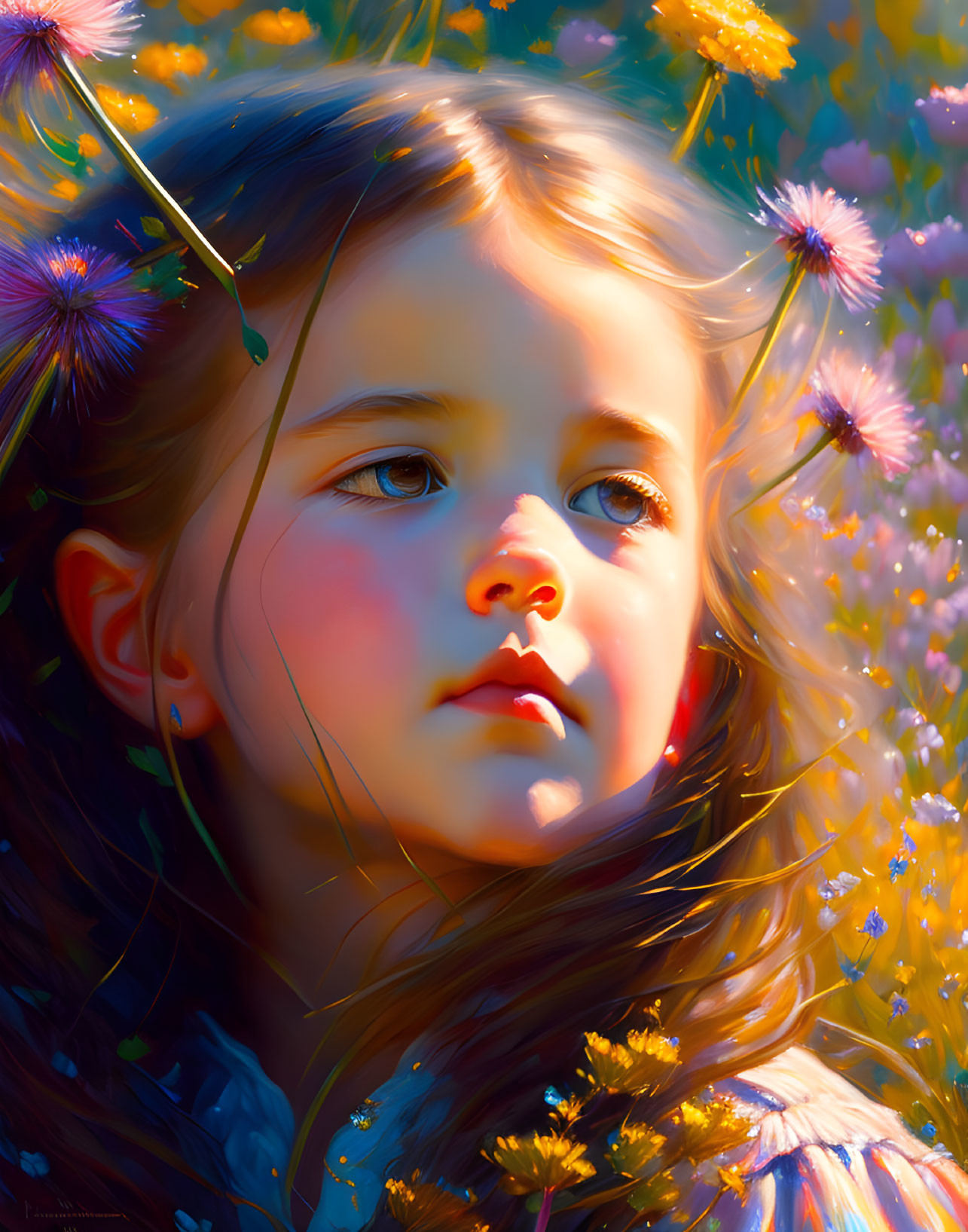 Vibrant flower painting featuring young girl in sunlight