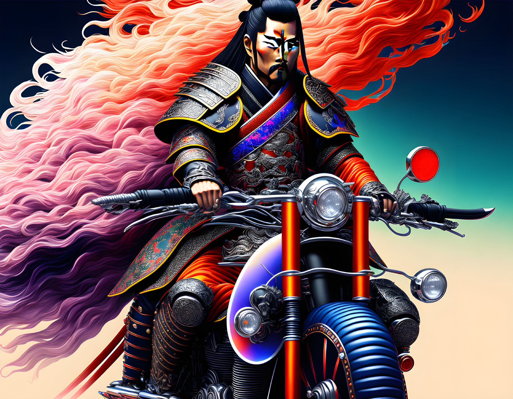 Stylized samurai warrior on modern motorcycle in fiery red clouds