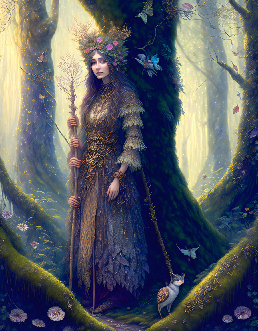 Ethereal woman in golden attire with staff in mystical forest