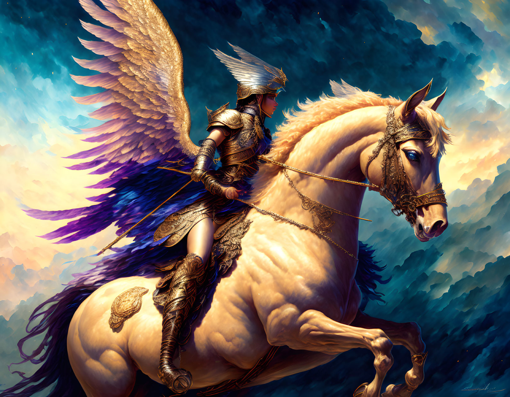 Winged horse and armored warrior soar through dramatic sky