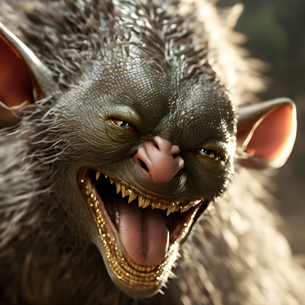 Green-skinned creature with sharp teeth and yellow eyes close-up.