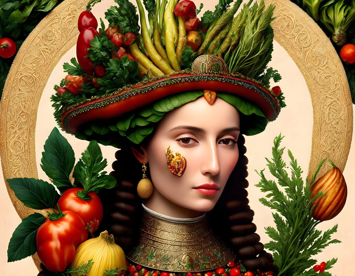 Vegetable headdress portrait on beige background