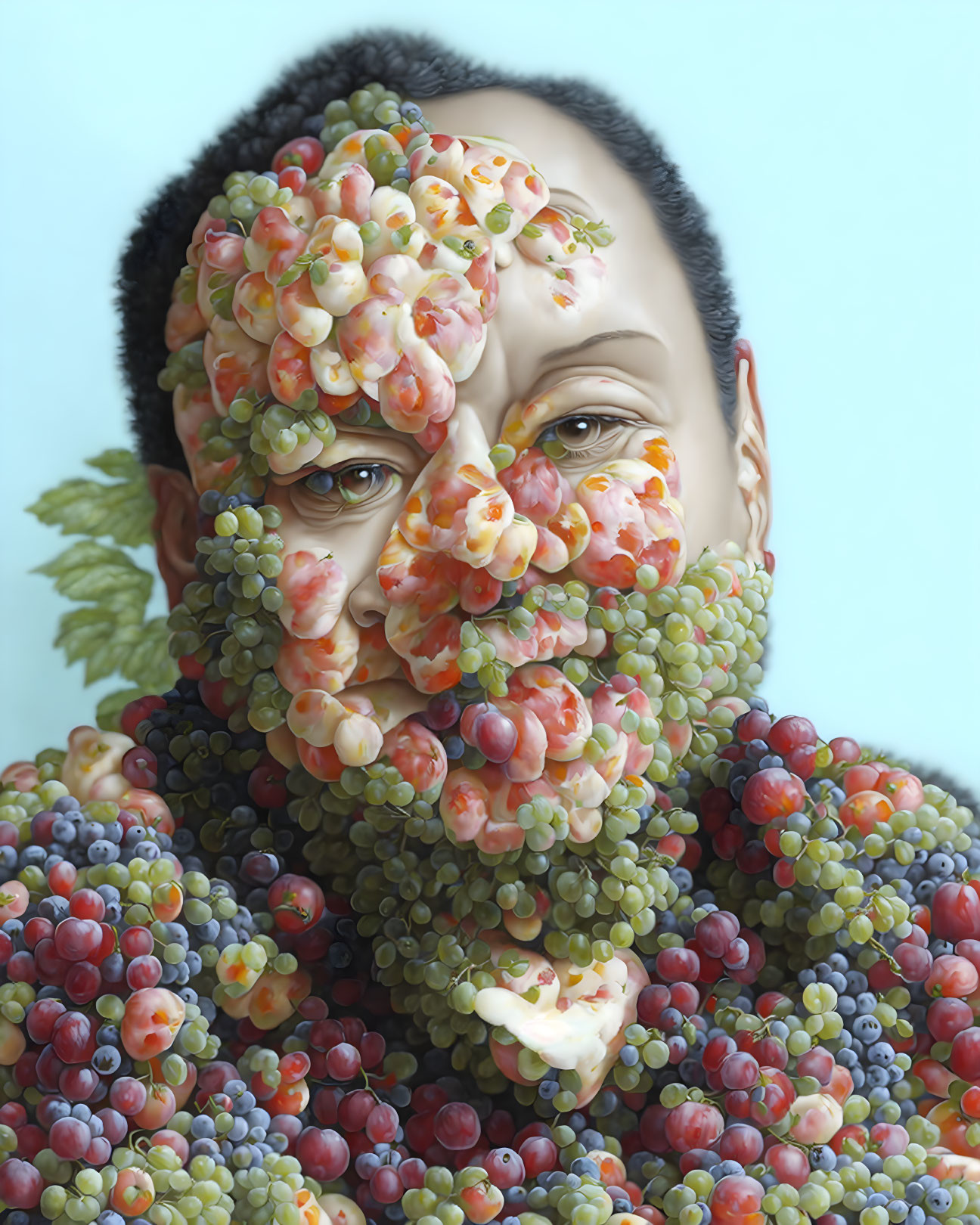 Surreal portrait featuring person with grape clusters on face and torso