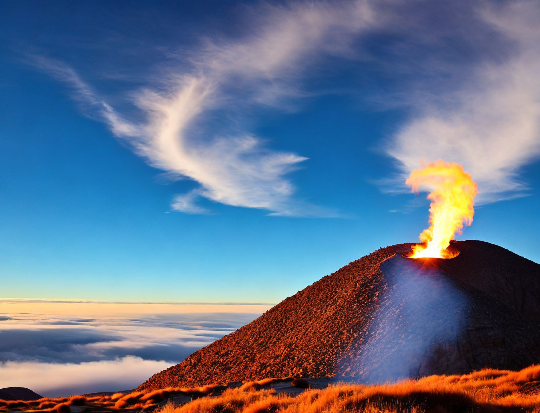 Dramatic dusk eruption with fiery volcano & clouds