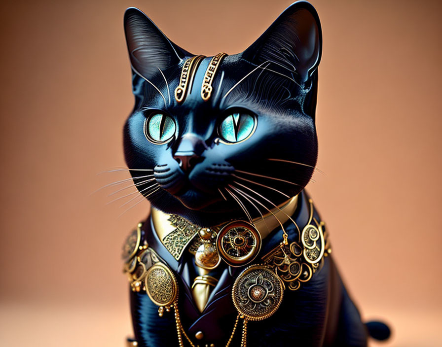 Stylized digital artwork: Black cat with golden jewelry and blue eyes