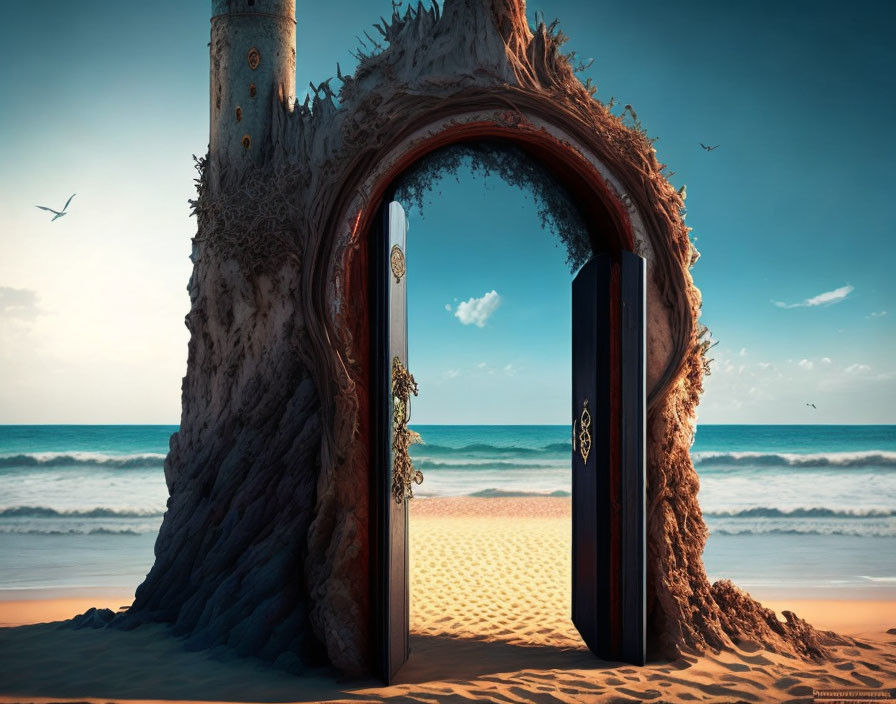 Fantasy doorway in tree trunk to sandy beach with blue ocean and birds