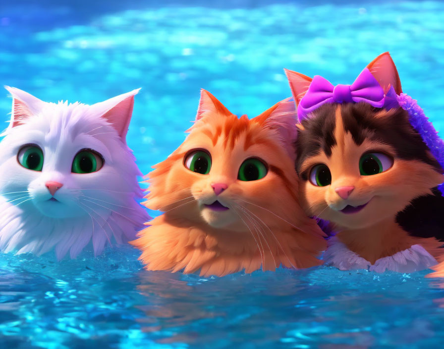 Colorful Cartoon Cats Floating in Blue Water