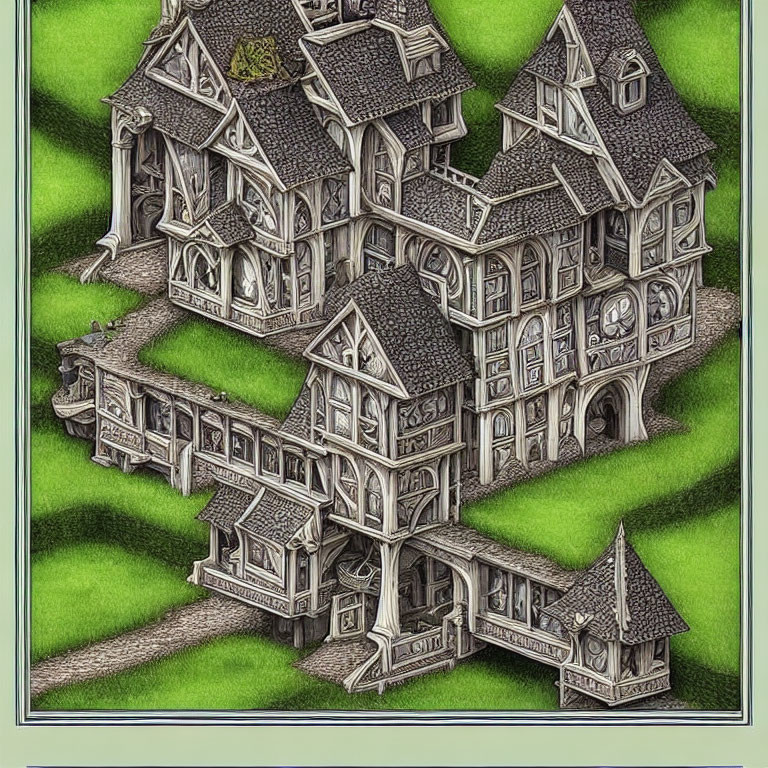 Complex Escher-like architectural illustration on green background