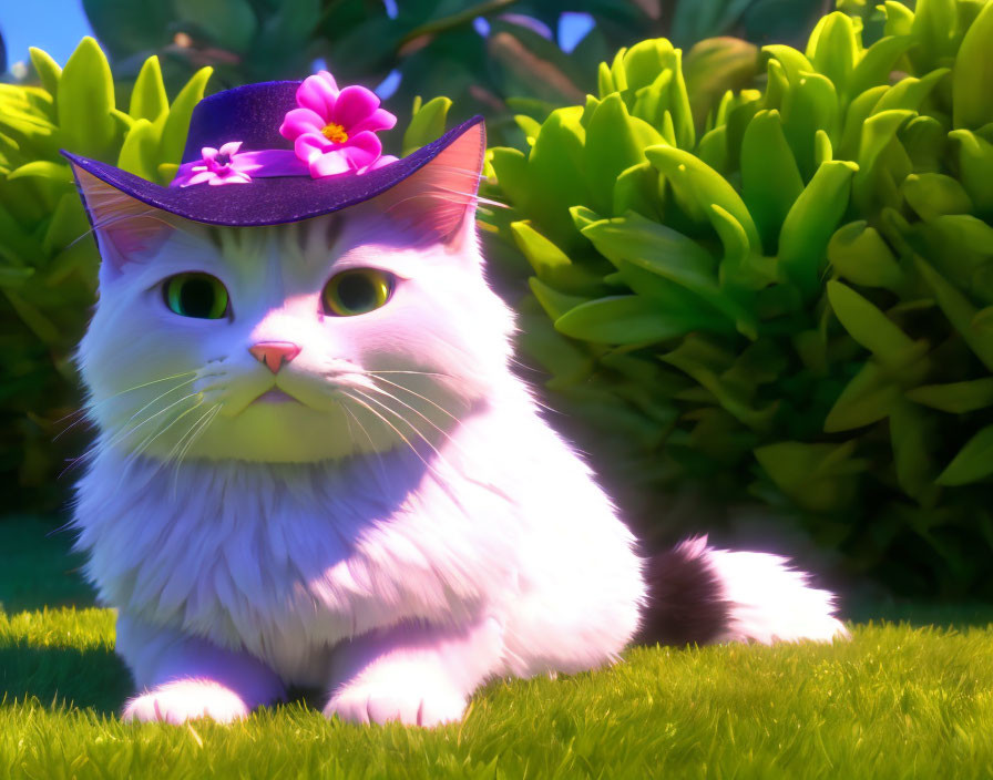 Fluffy White Cat in Purple Hat with Pink Flower on Grass Field