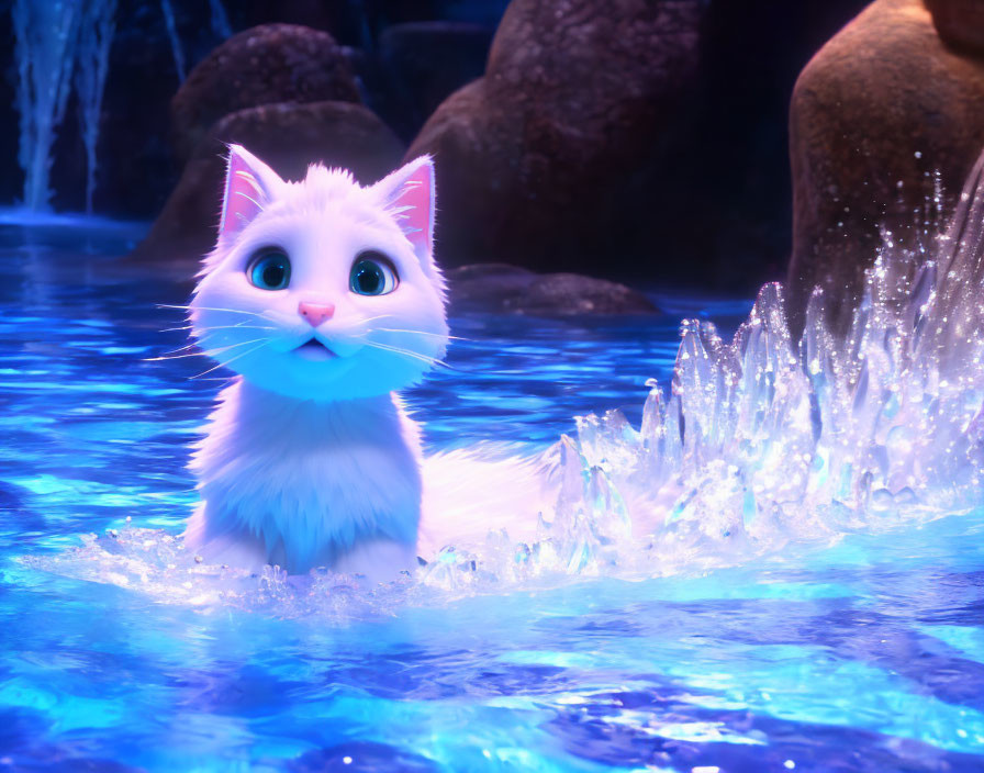 White animated cat with blue eyes in mystical water environment