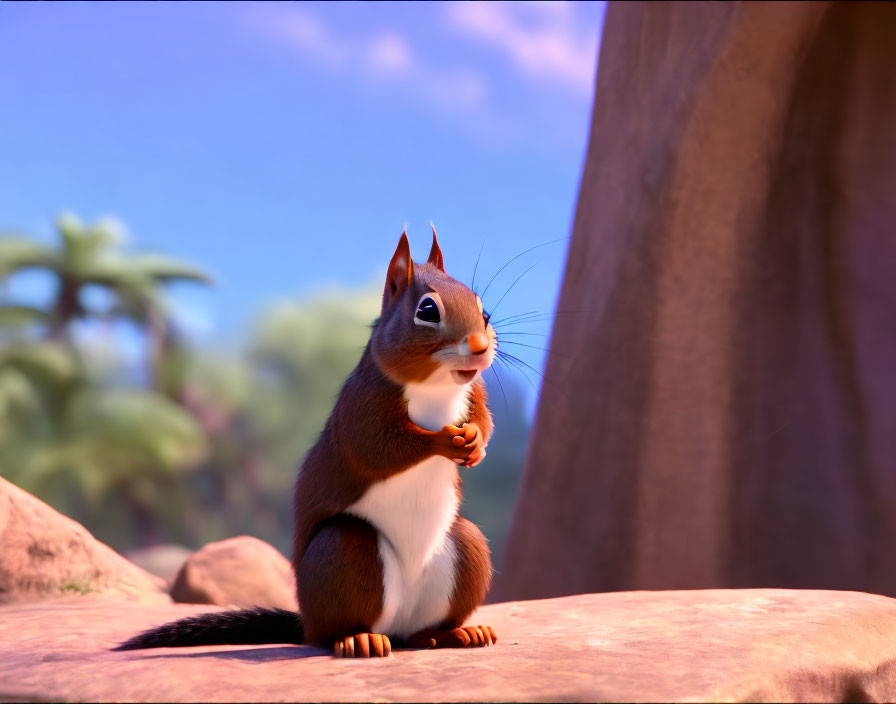 Animated chipmunk with large eyes and bushy tail on rock against blue sky and trees