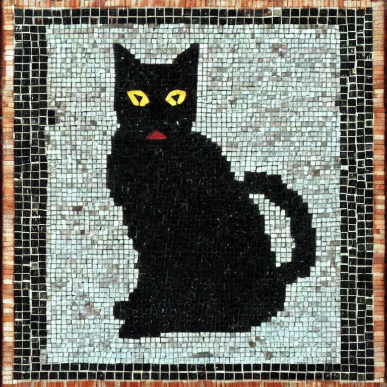 Mosaic Artwork of Black Cat with Yellow Eyes on Speckled Background