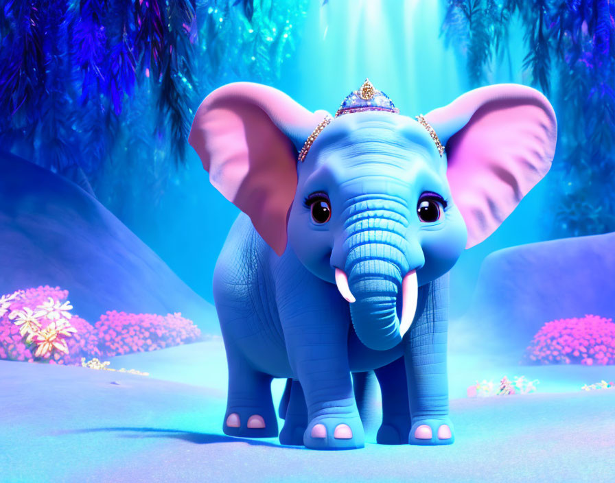 Animated baby elephant with crown in magical blue-lit forest