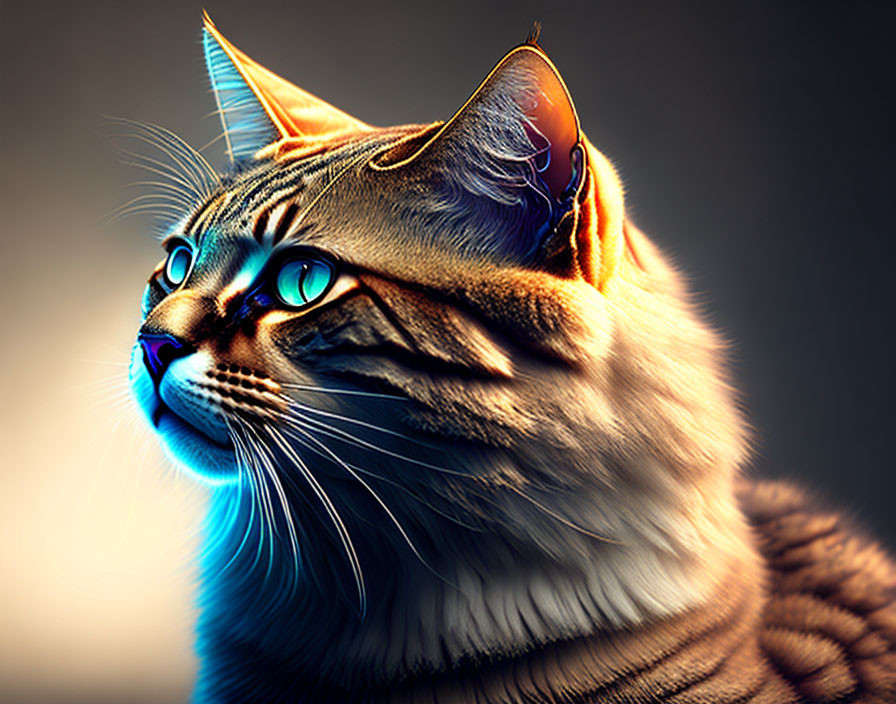 Vibrant digital illustration: Cat with neon blue accents