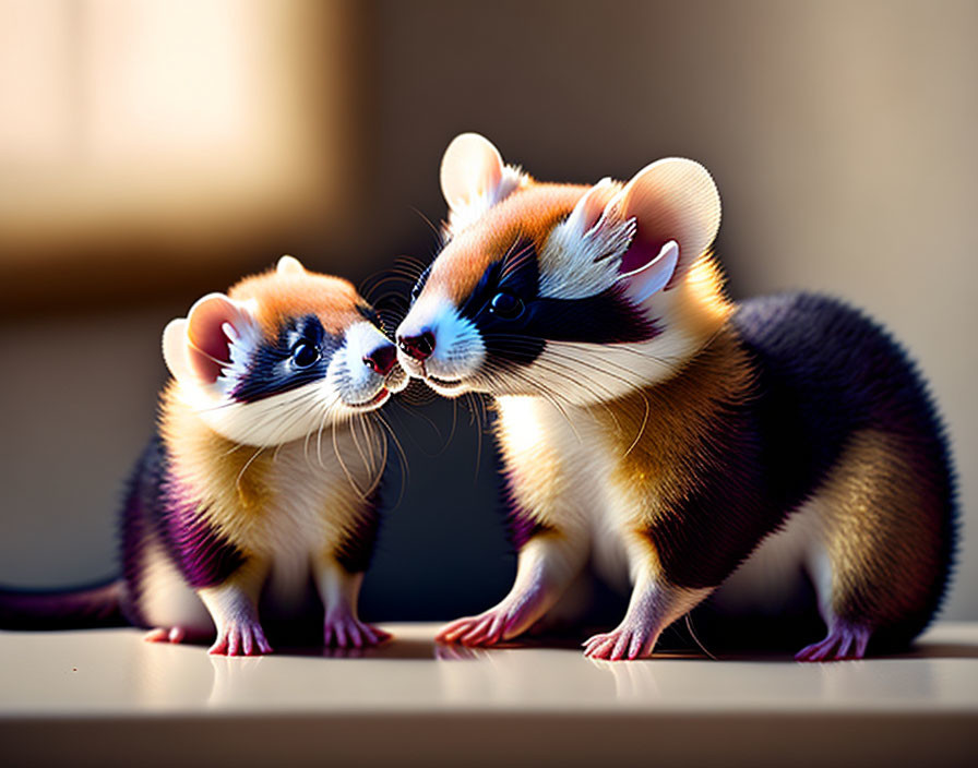 Two sable ferrets touching noses affectionately in warm, softly lit scene