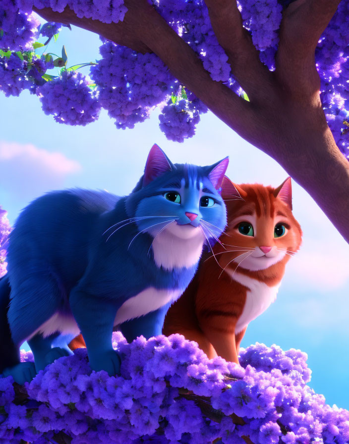 Animated cats with expressive faces in vibrant purple blossom setting