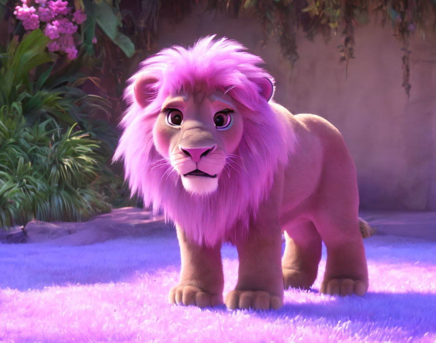 Stylized animated lion with vivid pink mane in dreamy purple-tinted landscape