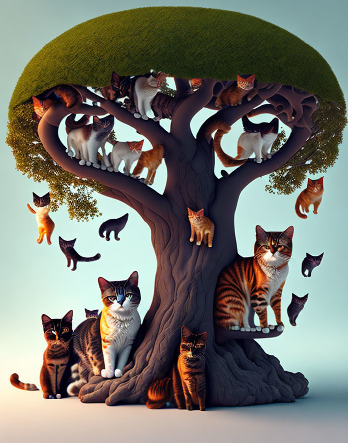 Whimsical artwork featuring cats on tree with dome-shaped canopy