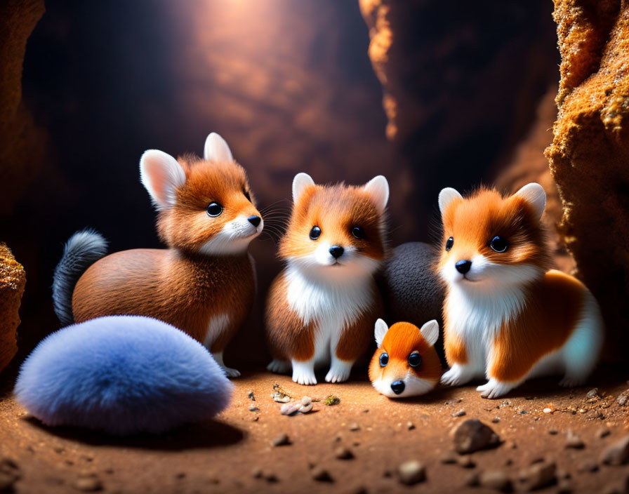 Three cute cartoon foxes in den with blue puffball