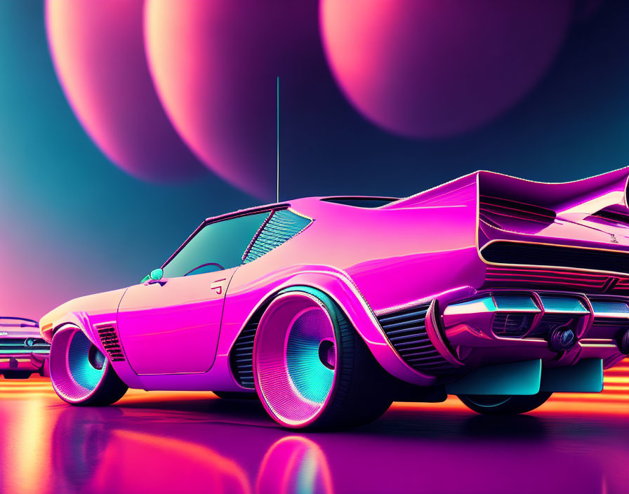 Neon pink classic car in retro-futuristic scene